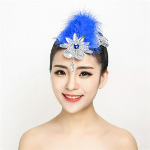 Women's girls chinese folk classical dance feather flowers headdress modern dance stage performance hair accessories